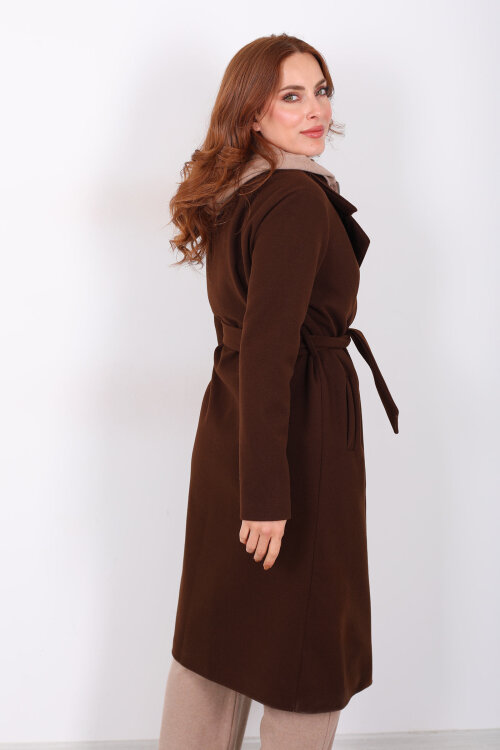 Kuşaklı Kaşe Kahverengi Kadın Kaban - 6