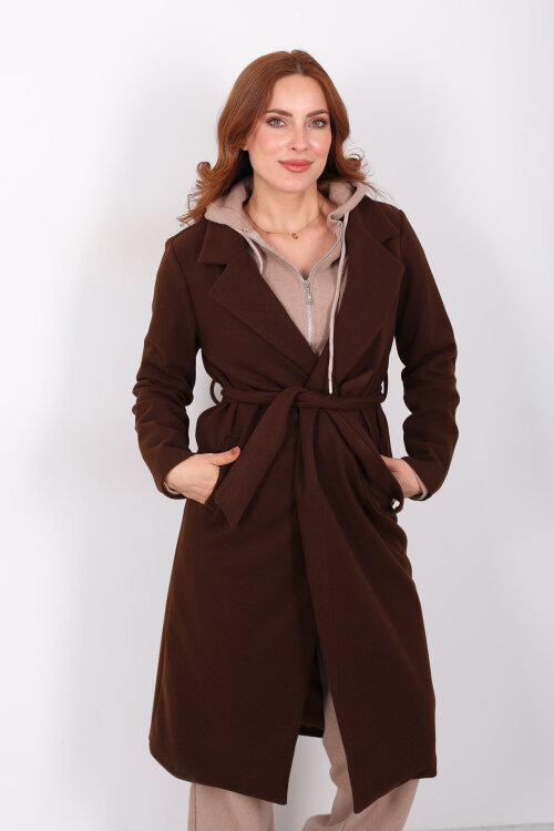 Kuşaklı Kaşe Kahverengi Kadın Kaban - 3