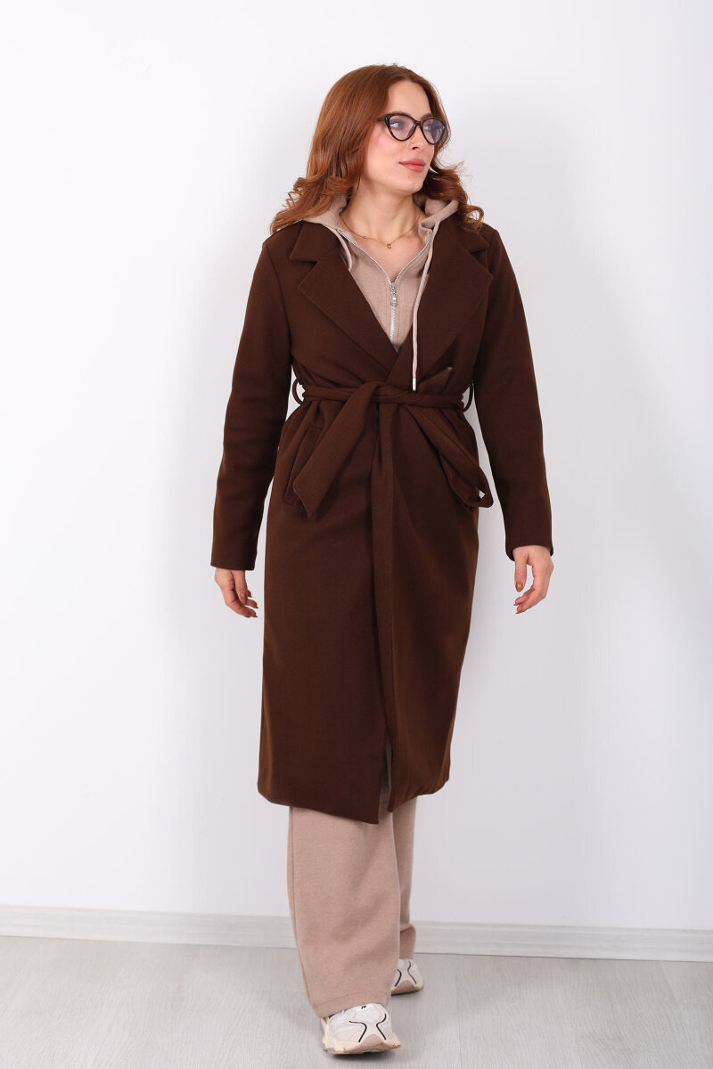 Kuşaklı Kaşe Kahverengi Kadın Kaban - 4