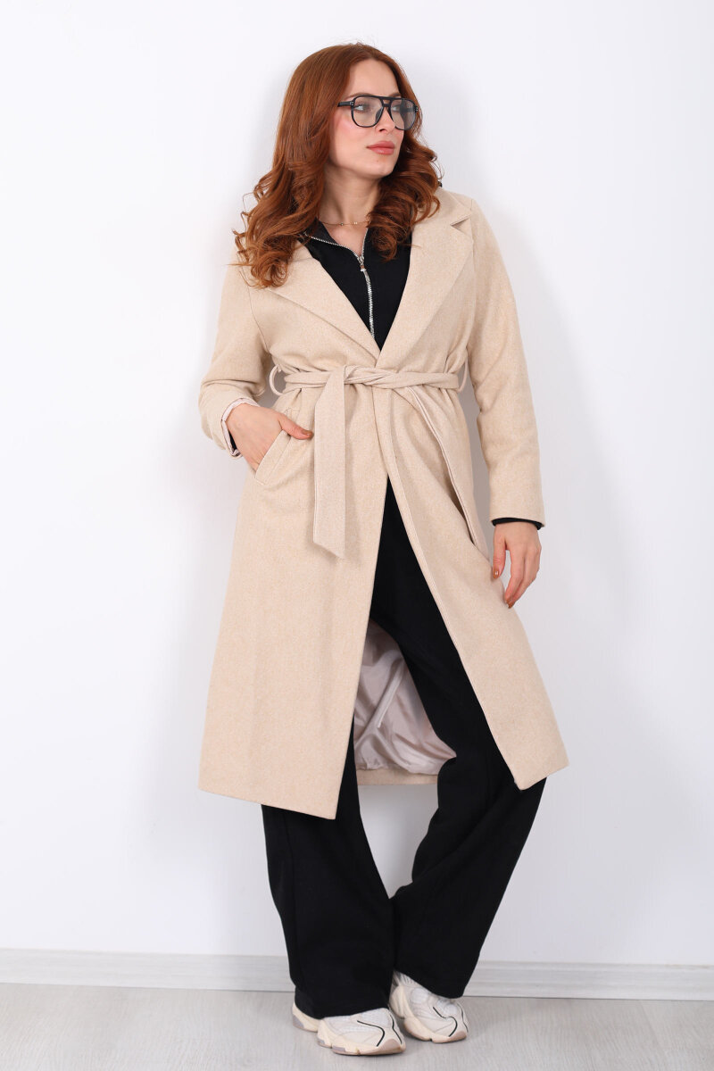 Kuşaklı Kaşe Krem Kadın Kaban - 5