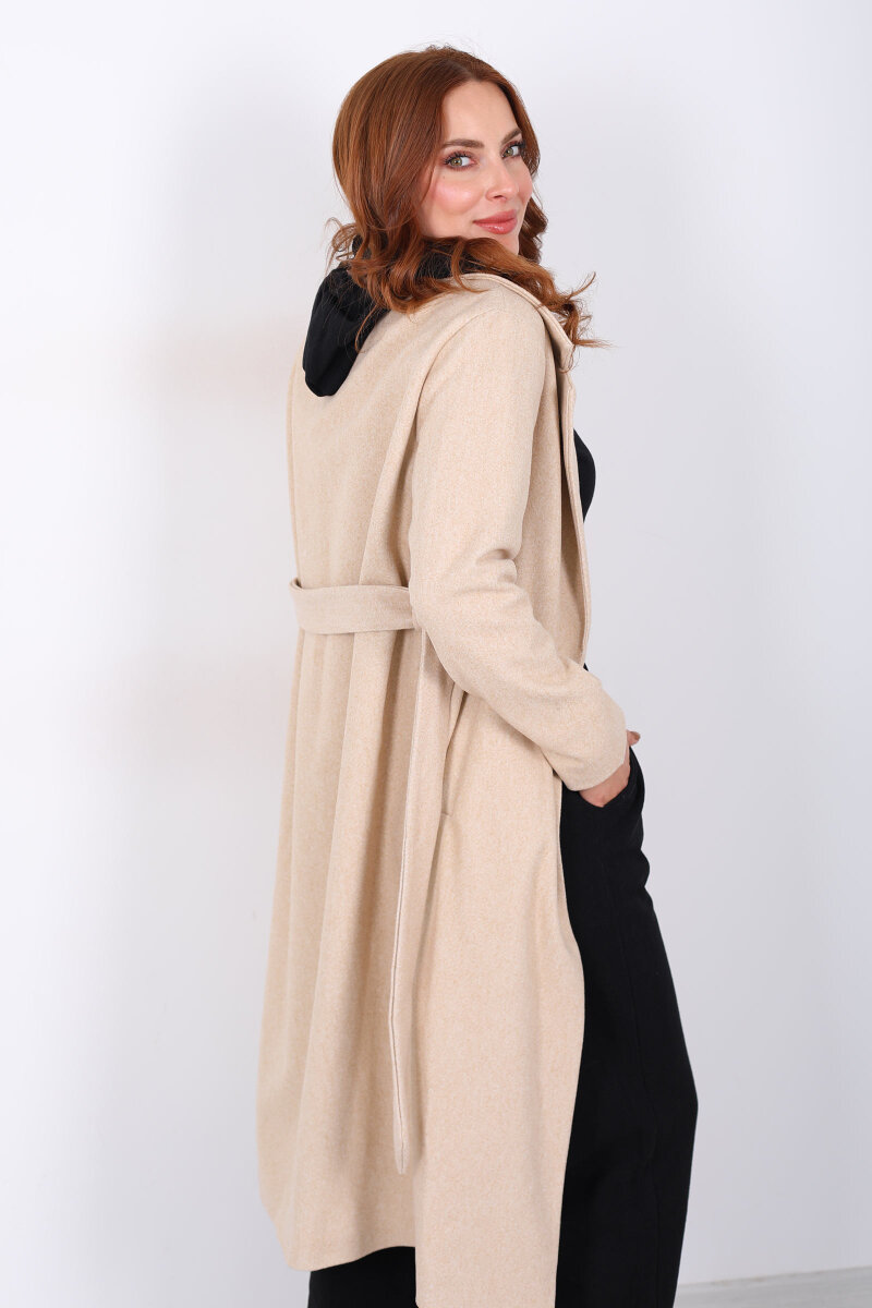 Kuşaklı Kaşe Krem Kadın Kaban - 6