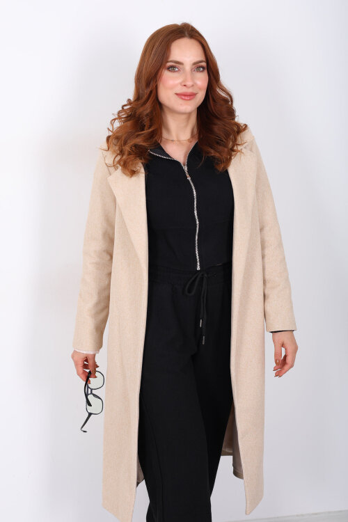 Kuşaklı Kaşe Krem Kadın Kaban - 4