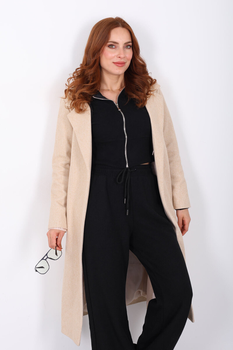 Kuşaklı Kaşe Krem Kadın Kaban - 1