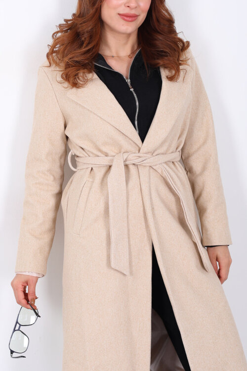 Kuşaklı Kaşe Krem Kadın Kaban - Berox (1)