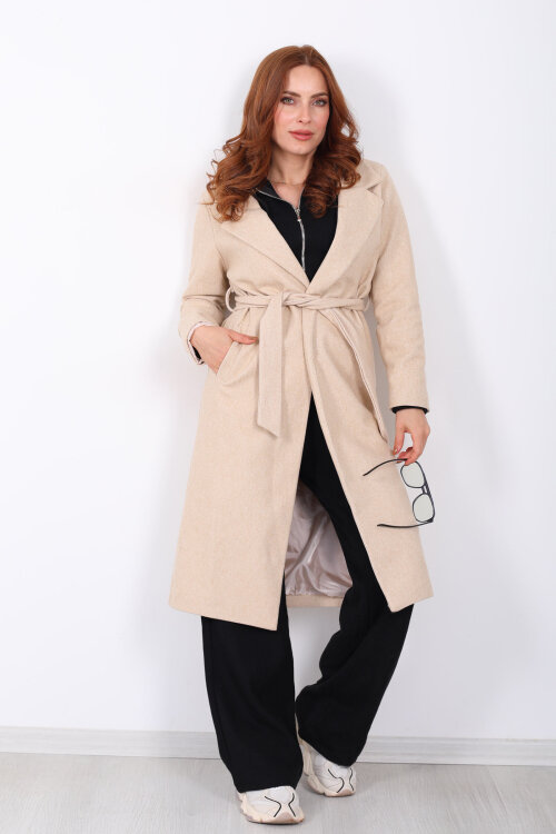 Kuşaklı Kaşe Krem Kadın Kaban - 7