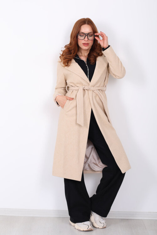 Kuşaklı Kaşe Krem Kadın Kaban - 3