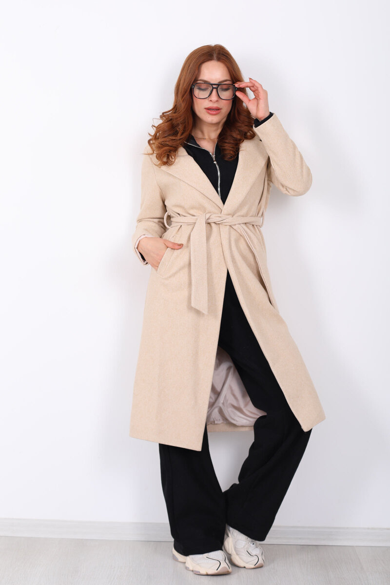 Kuşaklı Kaşe Krem Kadın Kaban - 3