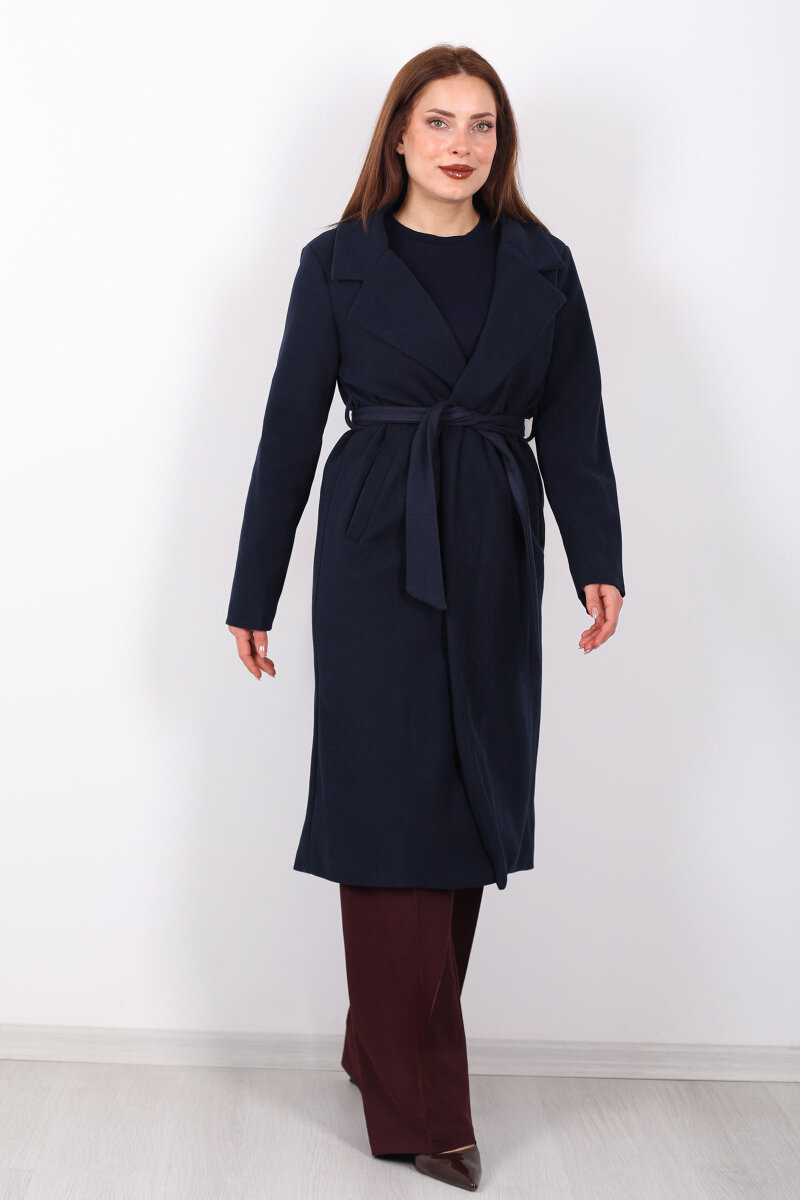 Kuşaklı Kaşe Lacivert Kadın Kaban - 4