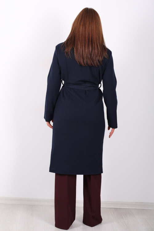 Kuşaklı Kaşe Lacivert Kadın Kaban - 5