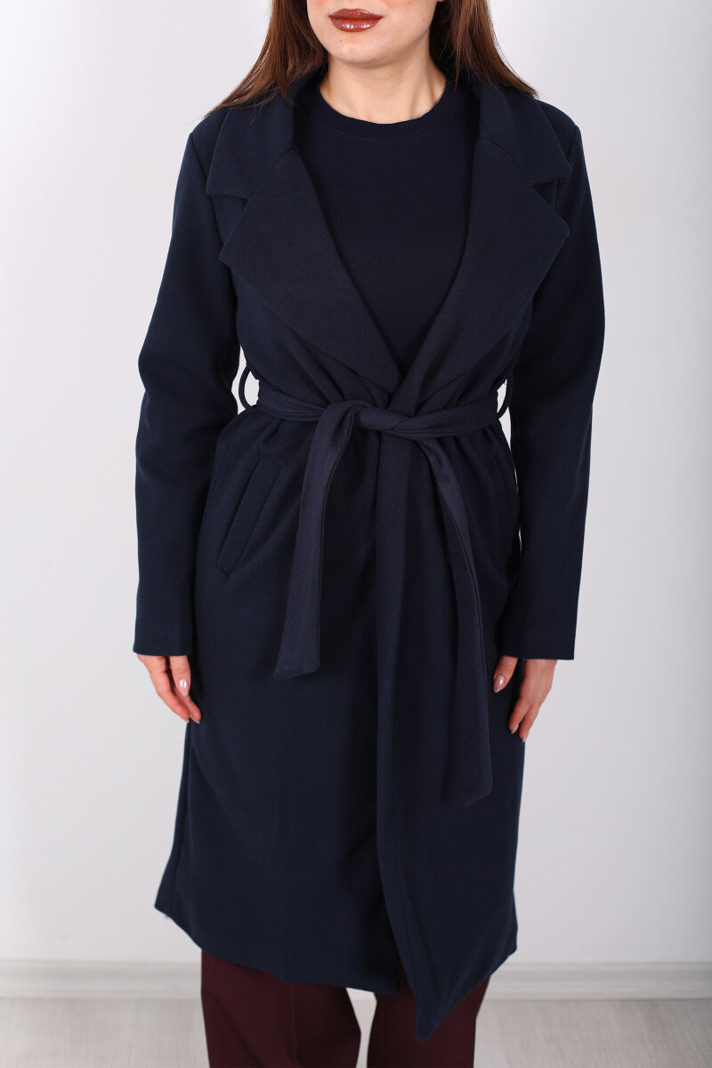 Kuşaklı Kaşe Lacivert Kadın Kaban - 2