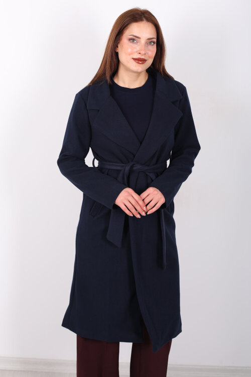 Kuşaklı Kaşe Lacivert Kadın Kaban - 6