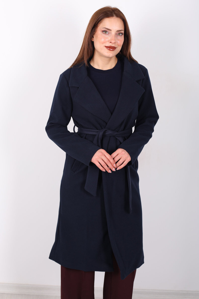 Kuşaklı Kaşe Lacivert Kadın Kaban - 6