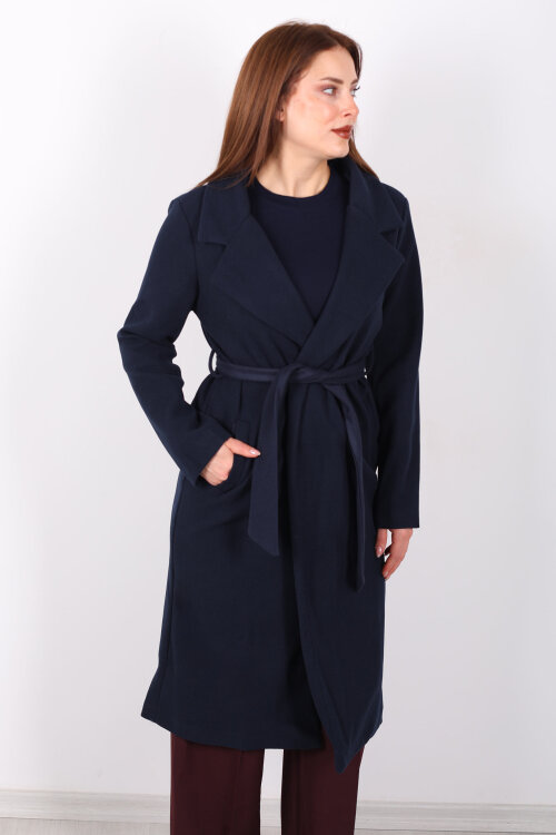 Kuşaklı Kaşe Lacivert Kadın Kaban - 3