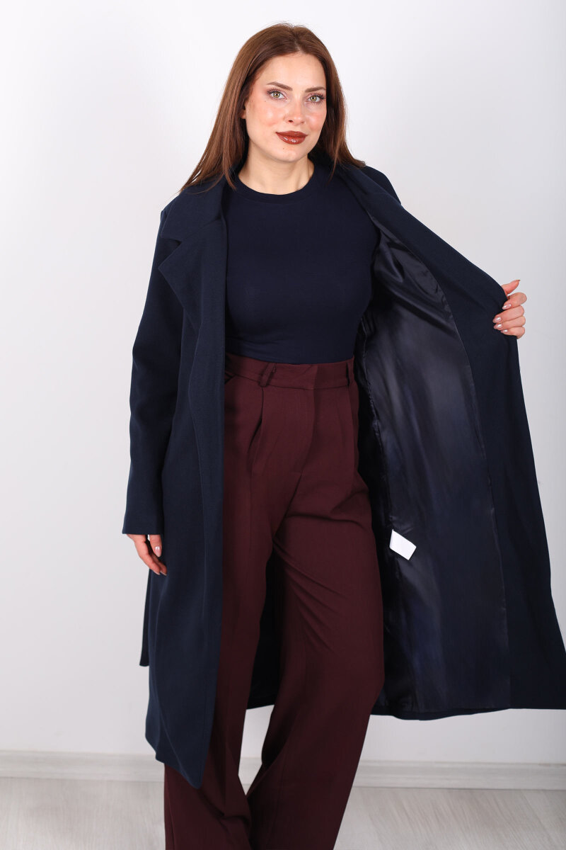 Kuşaklı Kaşe Lacivert Kadın Kaban - 1