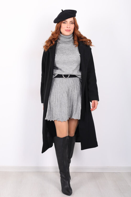 Kuşaklı Kaşe Siyah Kadın Kaban - Berox