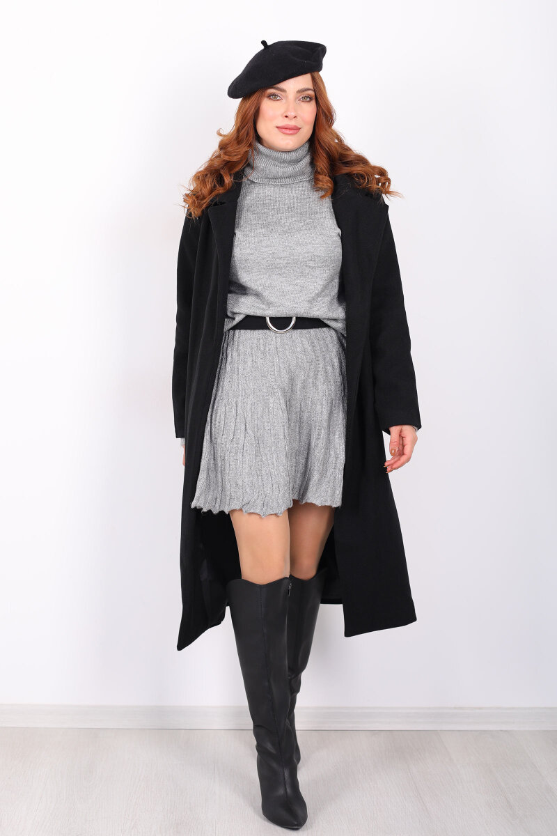 Kuşaklı Kaşe Siyah Kadın Kaban - 1