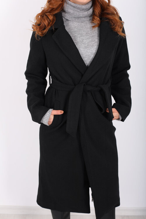 Kuşaklı Kaşe Siyah Kadın Kaban - Berox (1)