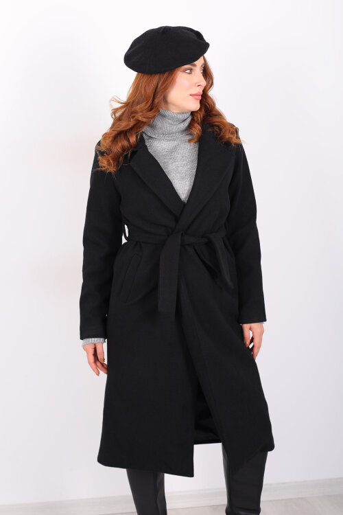 Kuşaklı Kaşe Siyah Kadın Kaban - 4