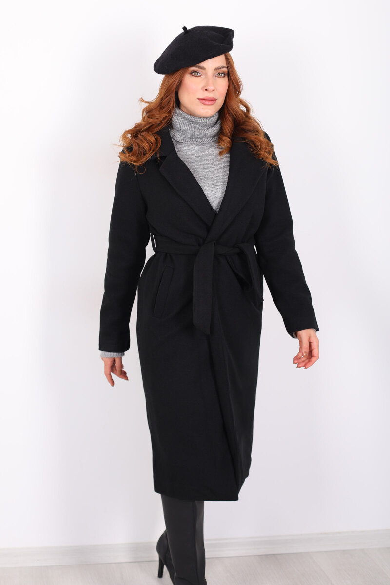 Kuşaklı Kaşe Siyah Kadın Kaban - 7