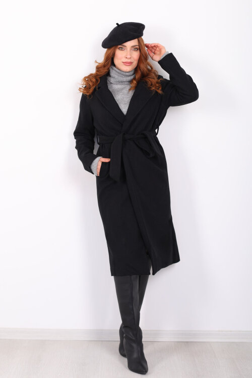 Kuşaklı Kaşe Siyah Kadın Kaban - 5