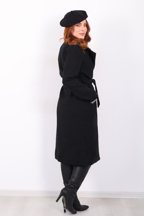 Kuşaklı Kaşe Siyah Kadın Kaban - 6