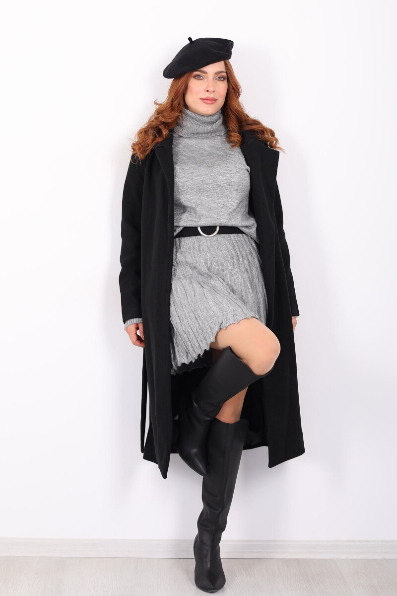 Kuşaklı Kaşe Siyah Kadın Kaban - 3