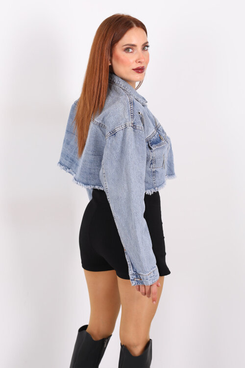 Kuşgözü Taşlı Karyıkama Mavi Kadın Kot Ceket - 5