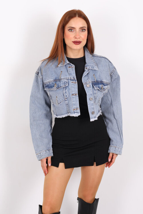 Kuşgözü Taşlı Karyıkama Mavi Kadın Kot Ceket - 6