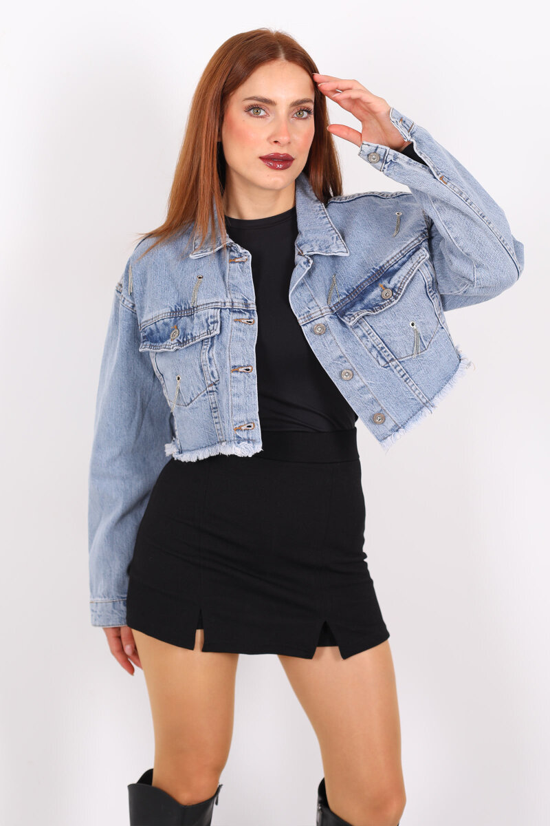 Kuşgözü Taşlı Karyıkama Mavi Kadın Kot Ceket - 3