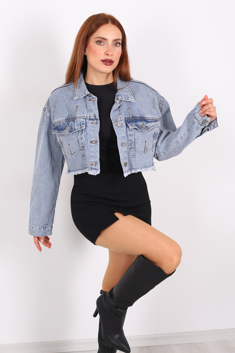 Kuşgözü Taşlı Karyıkama Mavi Kadın Kot Ceket - 1