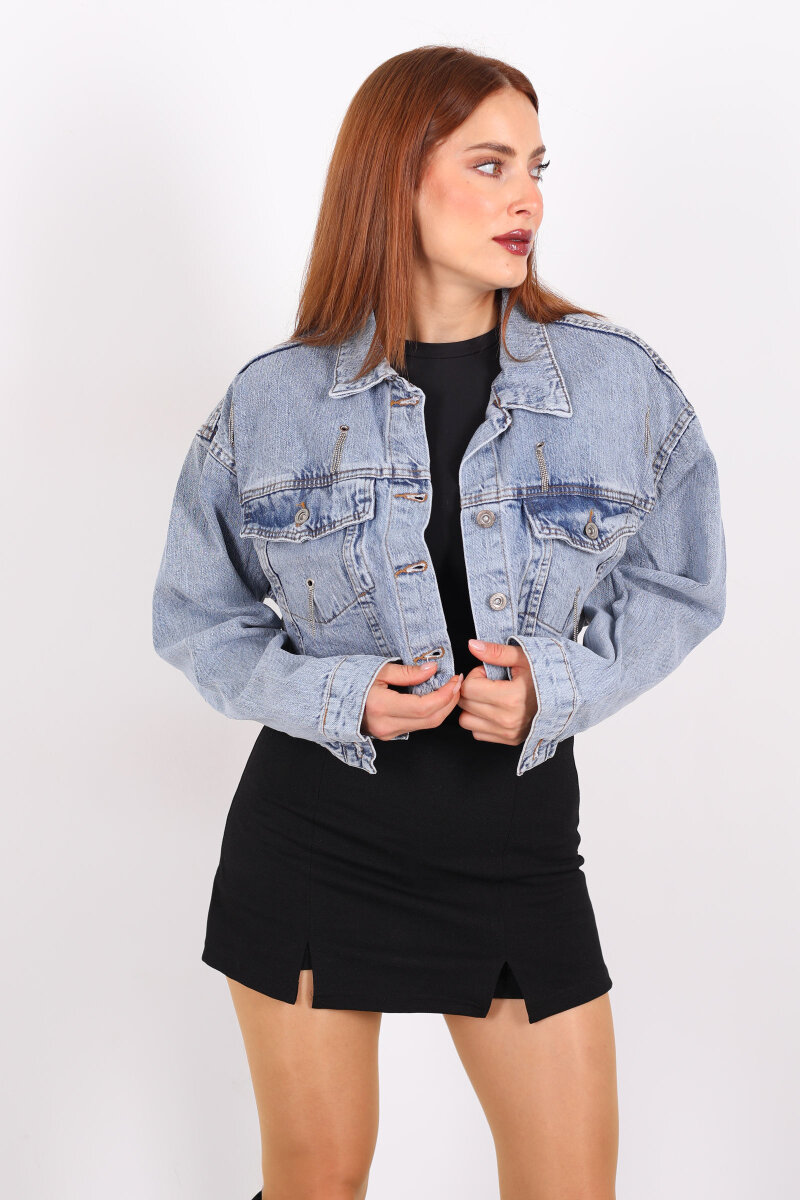 Kuşgözü Taşlı Karyıkama Mavi Kadın Kot Ceket - 4