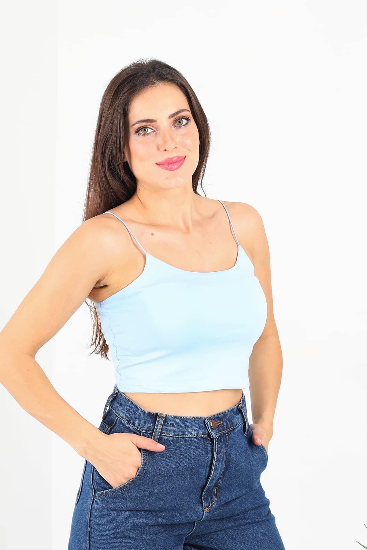 Lastik Askılı Bebe Mavisi Kadın Crop Top