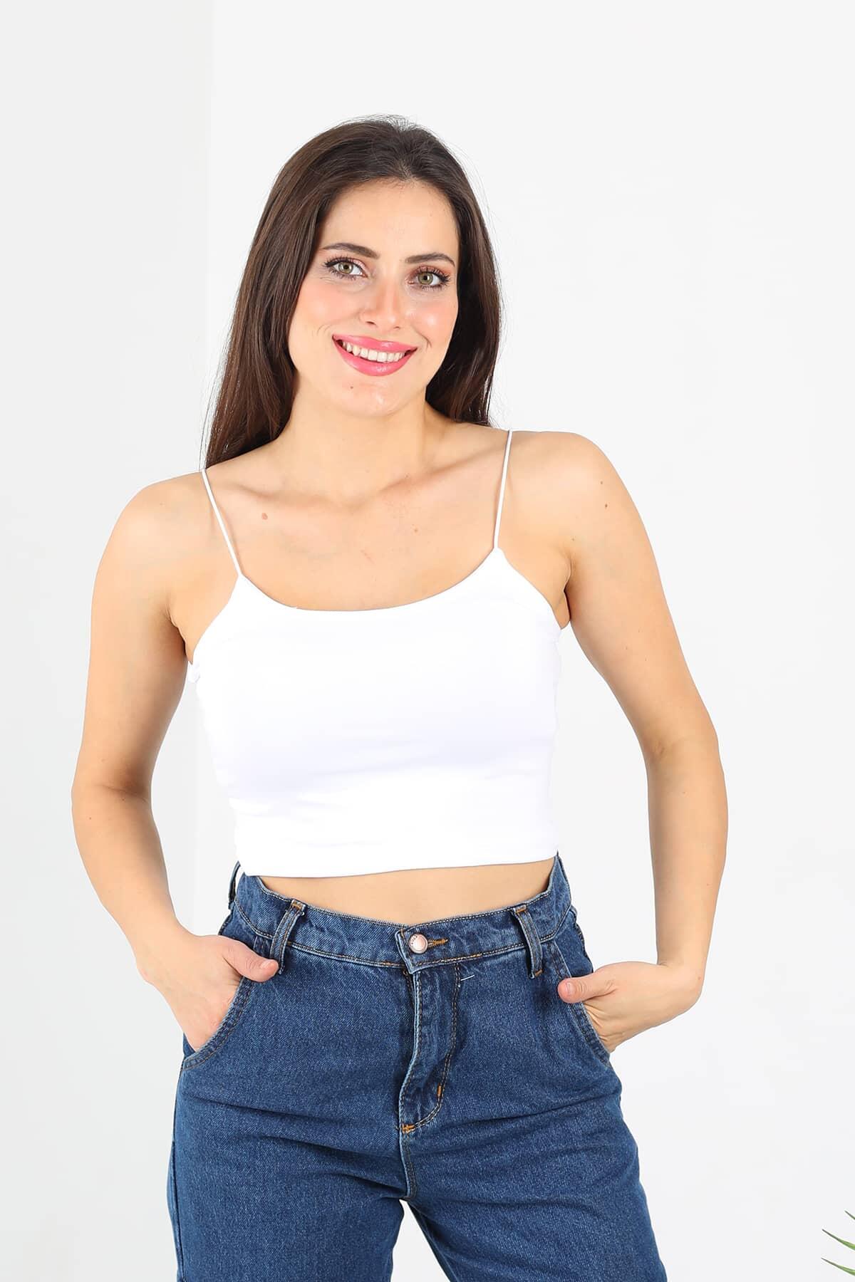 Lastik Askılı Beyaz Kadın Crop Top