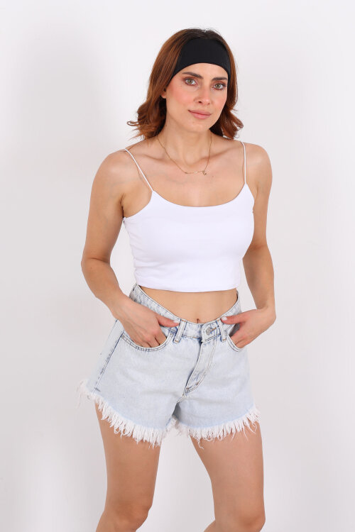 Lastik Askılı Beyaz Kadın Crop Top - 4