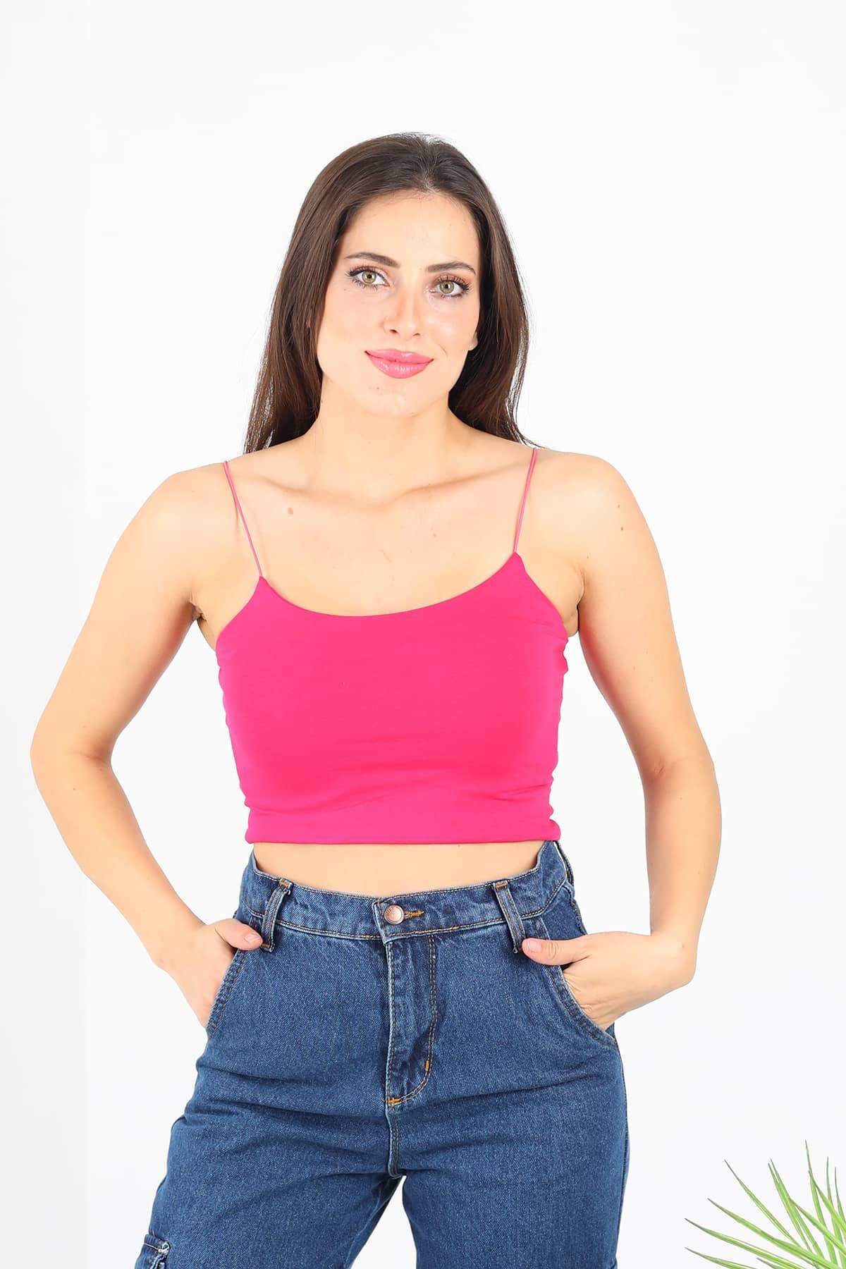 Lastik Askılı Fuşya Kadın Crop Top