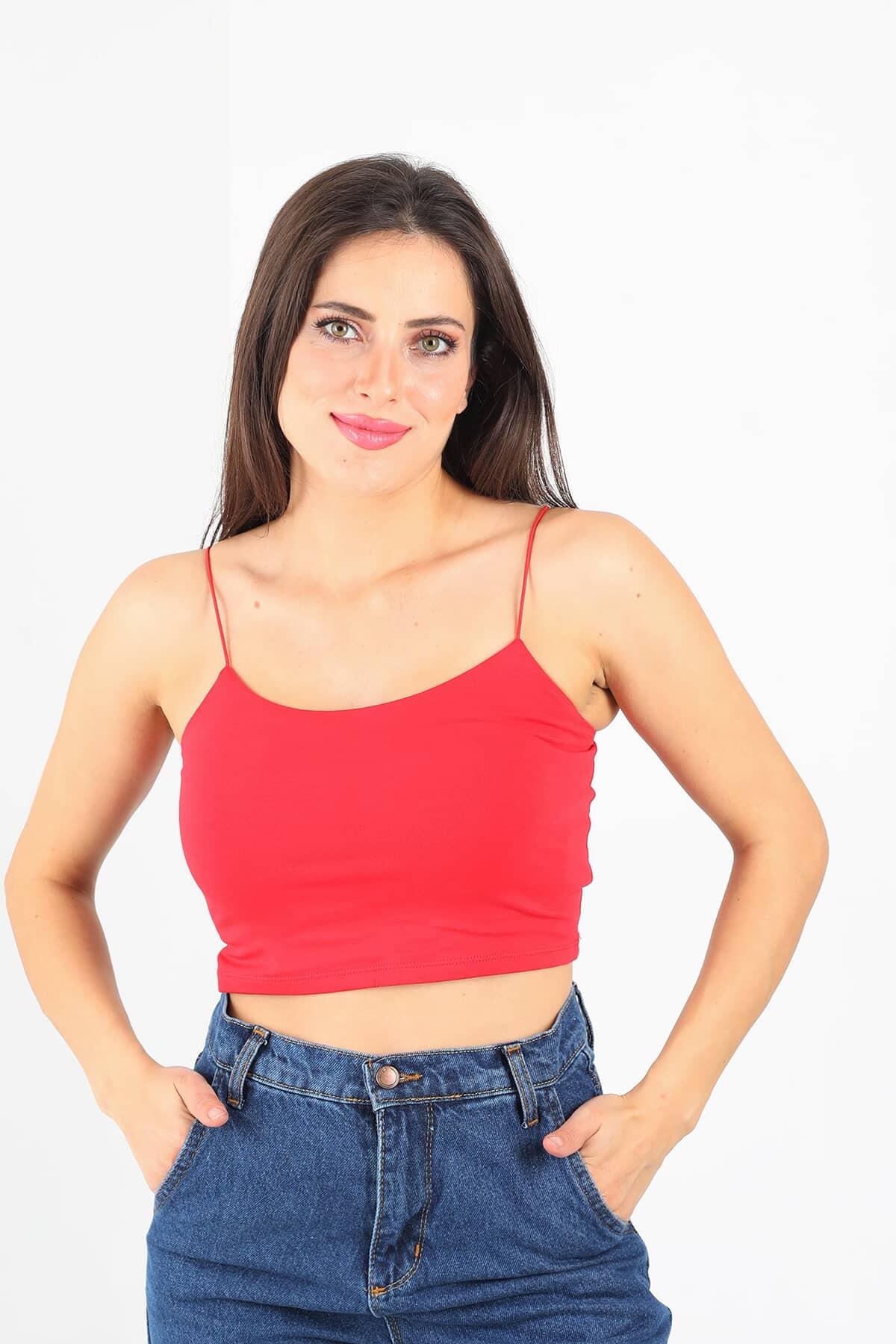 Lastik Askılı Kırmızı Kadın Crop Top