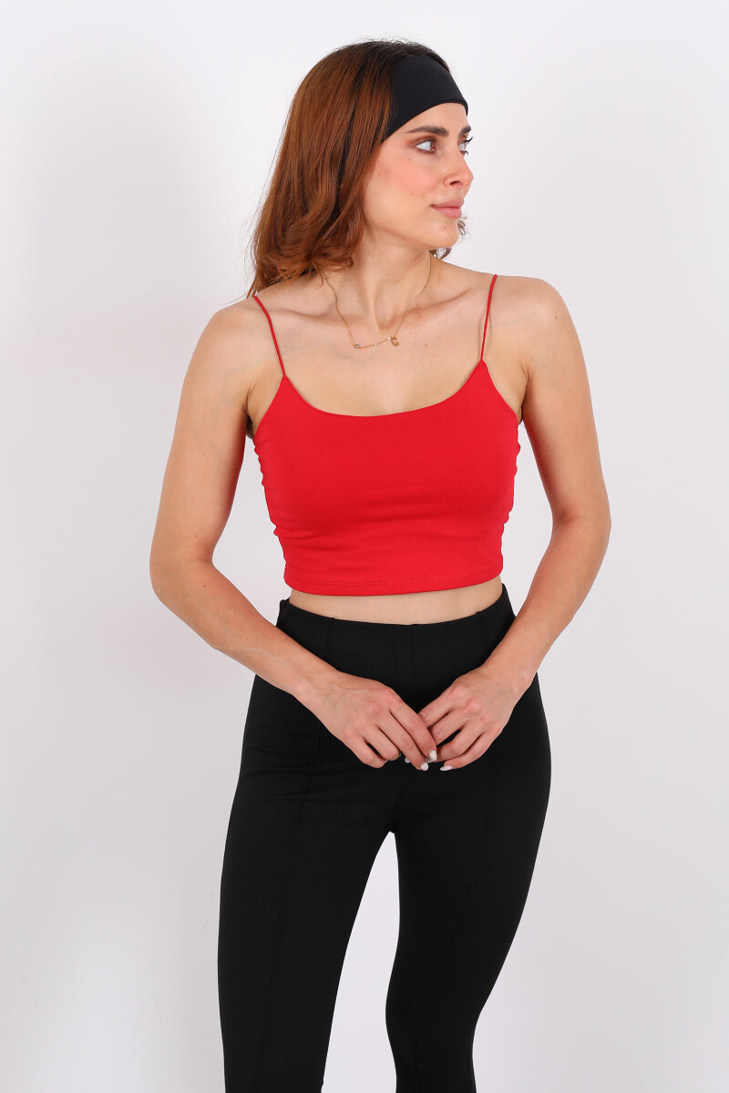 Lastik Askılı Kırmızı Kadın Crop Top - 1