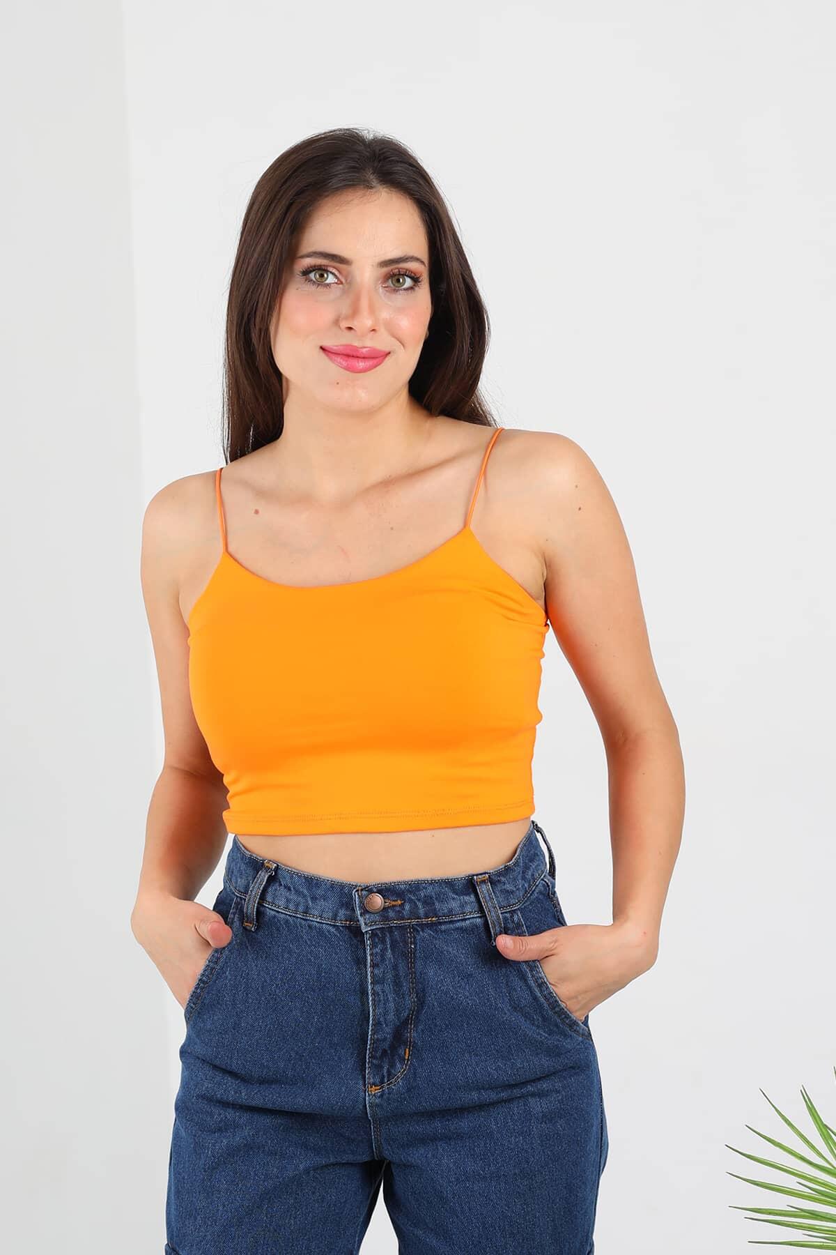 Lastik Askılı Turuncu Kadın Crop Top