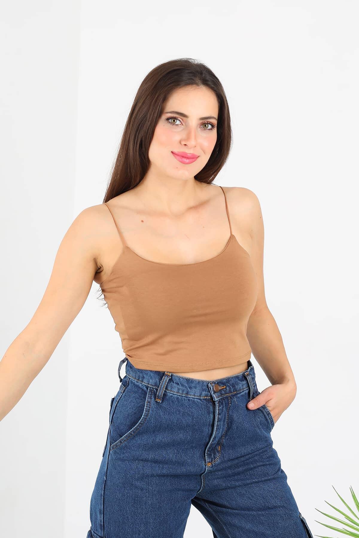 Lastik Askılı Vizon Kadın Crop Top