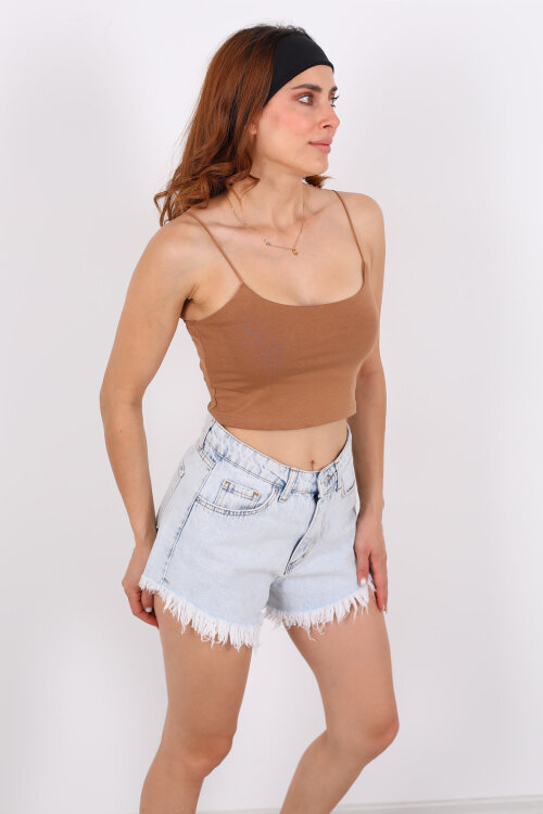 Lastik Askılı Vizon Kadın Crop Top - 6