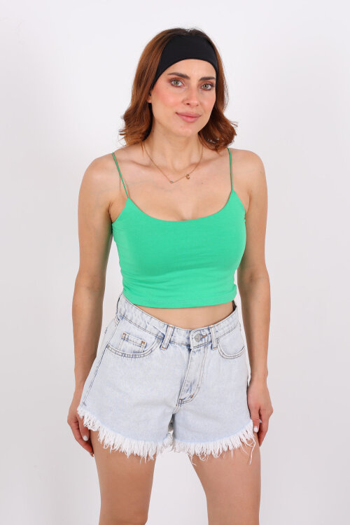 Lastik Askılı Zümrüt Yeşili Kadın Crop Top - 3