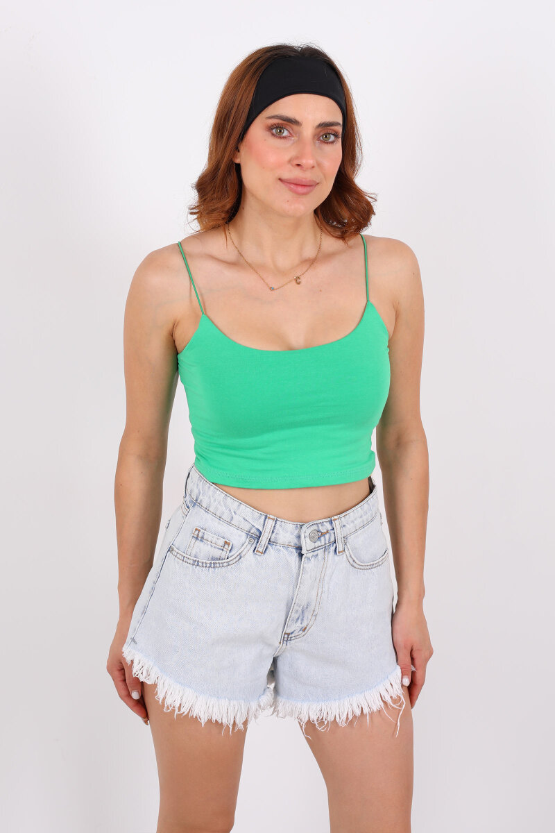 Lastik Askılı Zümrüt Yeşili Kadın Crop Top - 3