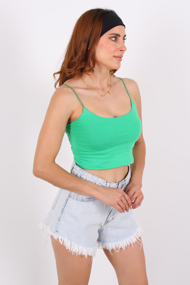 Lastik Askılı Zümrüt Yeşili Kadın Crop Top - 1