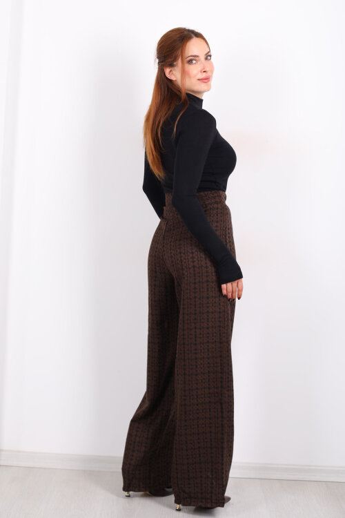 Lastik Detaylı Geniş Paça Acı Kahve Kadın Ekose Pantolon - 5