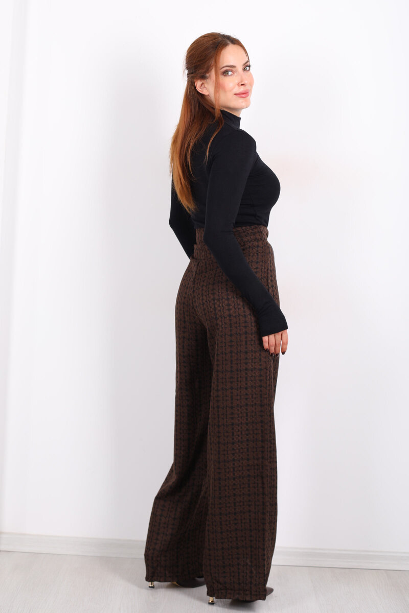 Lastik Detaylı Geniş Paça Acı Kahve Kadın Ekose Pantolon - 5