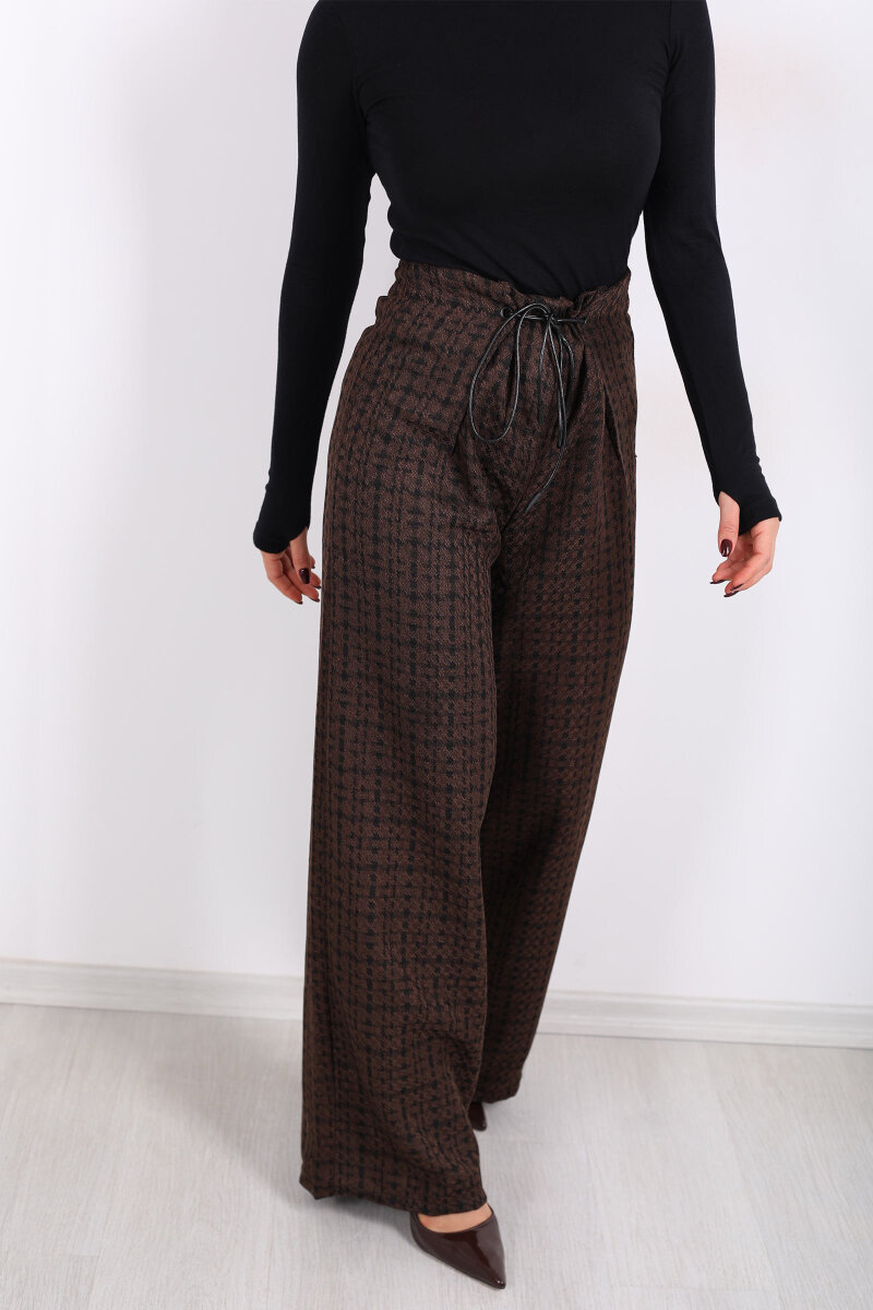 Lastik Detaylı Geniş Paça Acı Kahve Kadın Ekose Pantolon - 2