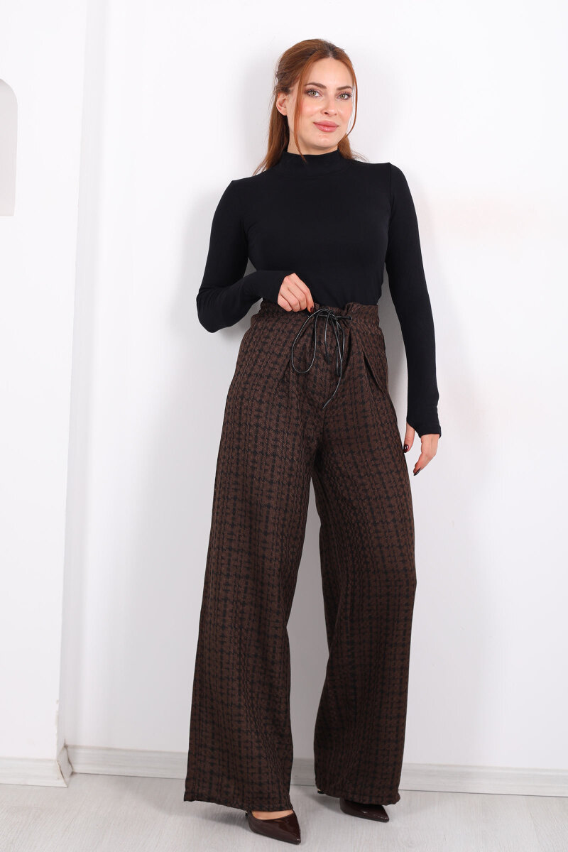 Lastik Detaylı Geniş Paça Acı Kahve Kadın Ekose Pantolon - 1