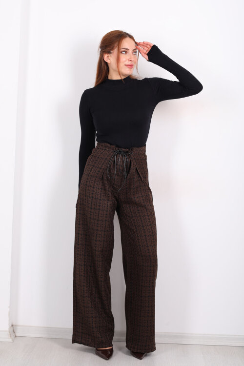 Lastik Detaylı Geniş Paça Acı Kahve Kadın Ekose Pantolon - 3