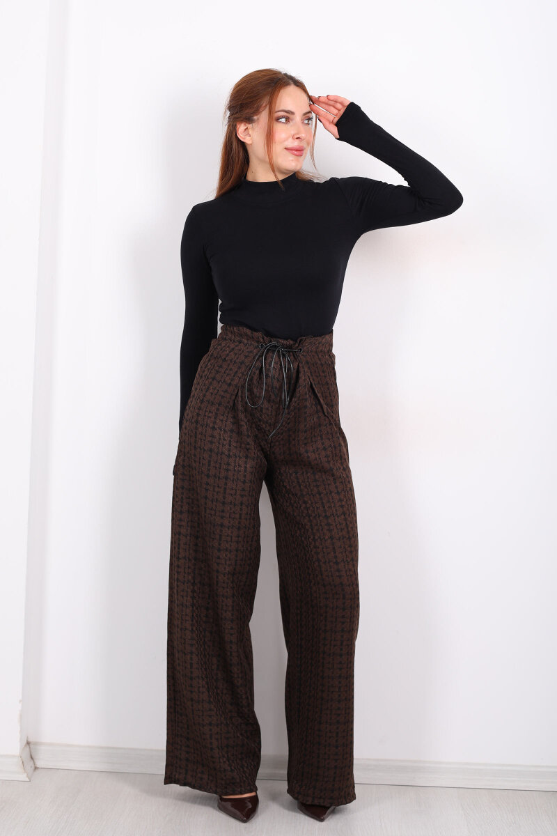 Lastik Detaylı Geniş Paça Acı Kahve Kadın Ekose Pantolon - 3