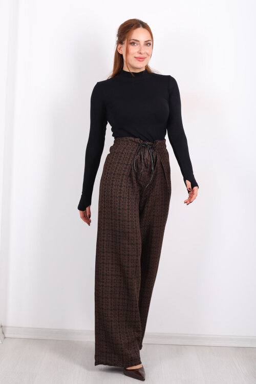 Lastik Detaylı Geniş Paça Acı Kahve Kadın Ekose Pantolon - 4